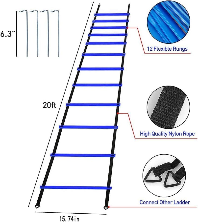 Rainmae Pro Speed & Agility Training Set—Includes 12 Rung 20ft Adjustable Agility Ladder with Carrying Bag, 12 Disc Cones, 4 Steel Stakes, 1 Resistance Parachute, Use Equipment to Improve Footwork Any Sport - Image 3